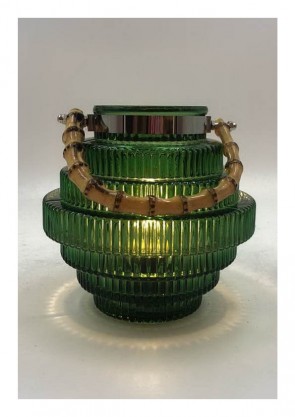 Cor Mulder Gl.-Laterne "LED" m. Bambusgriff 16cm d.-grün